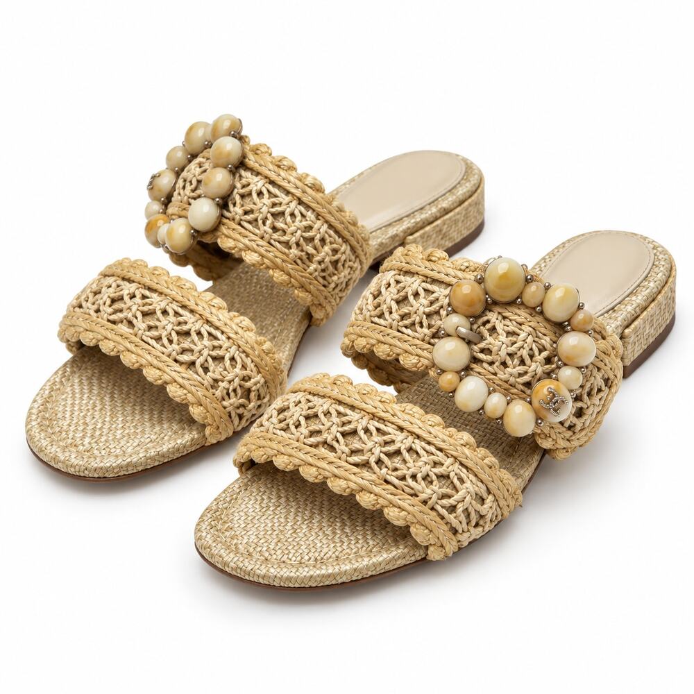 Sam Edelman Elisa Natural Raffia Slide Sandals Size 6.5 Beaded